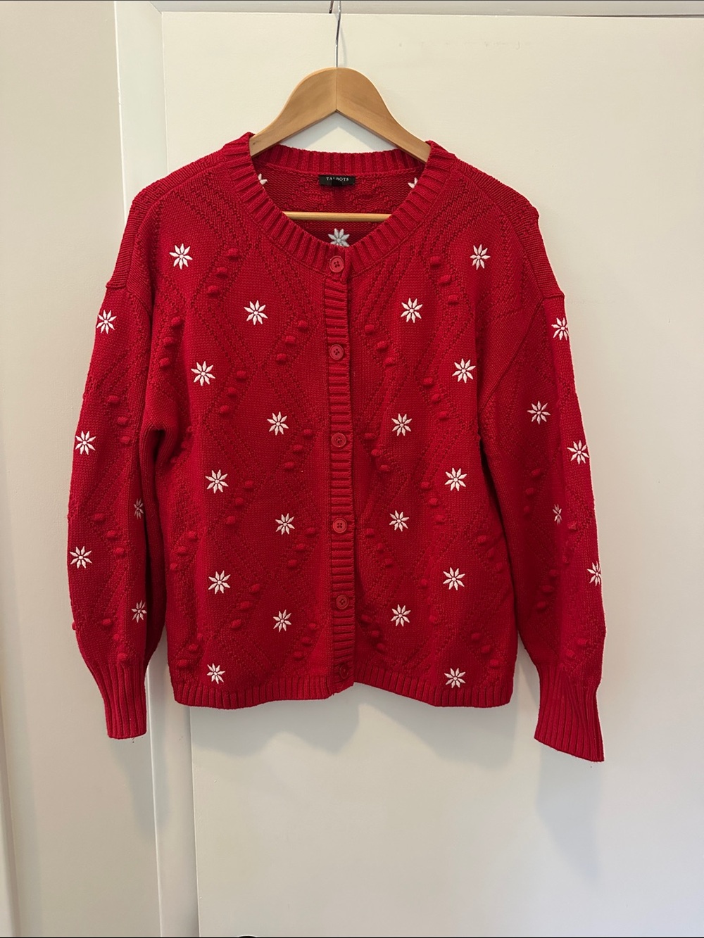 Talbots Red Button-Front Snowflake Bobble Cardigan